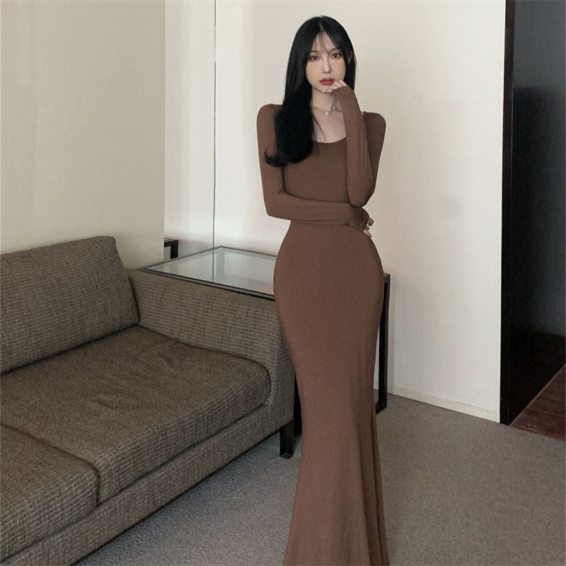 Aiertu fashion outfits Fall Hot Girl Elegant Long Sleeve Dress Women's Brown Bottoming Dress Slim Fishtail Solid Color Skirt aiertu