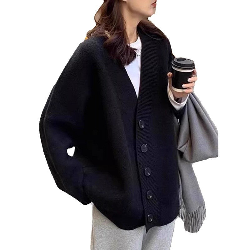 Aiertu datenight fall outfits Black V-neck Knitted Cardigan for Women Autumn and Winter Outer Wear Fashionable Western Style Top Loose Lazy Style Mid-Length Women aiertu