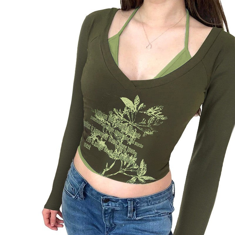 Aiertu fashion outfits Collar Printed Contrast Color Fake Two-Piece T-shirt Autumn Hot Girl Sexy Short Halter aiertu