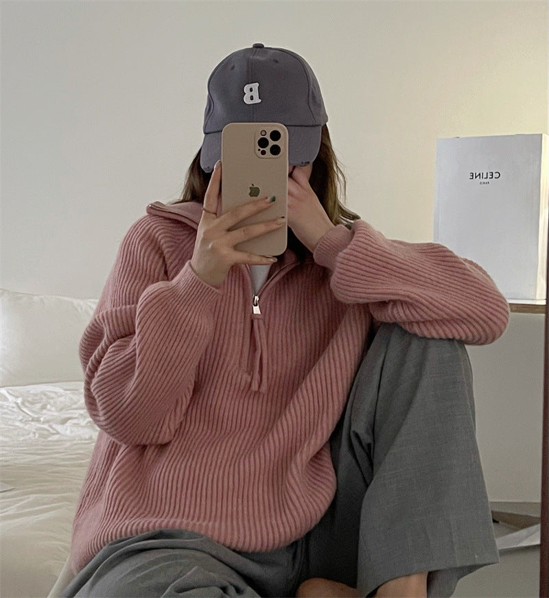 Aiertu clothes Korean Style Half Zipper Sweater Women's Autumn and Winter New Style Pit Design Sense Stand Collar Soft Glutinous Loose Outer Wear Sweater Top aiertu