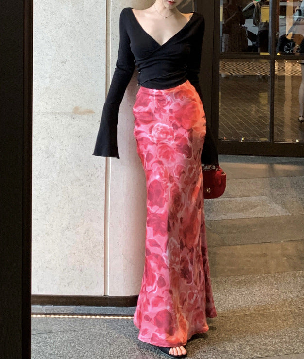 Aiertu hoco dresses Sexy Hot Girl Deep V-neck Cross Sweater Vintage Satin Printed Fishtail Skirt Suit aiertu