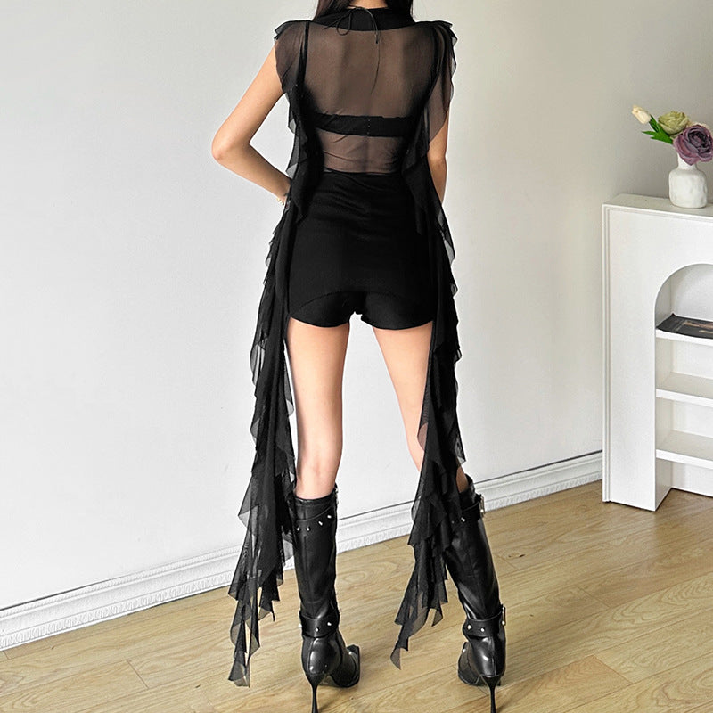 Aiertu concert outfit Style Summer New Women's Sexy Slimming Wavy Mesh Transparent Irregular Vest aiertu
