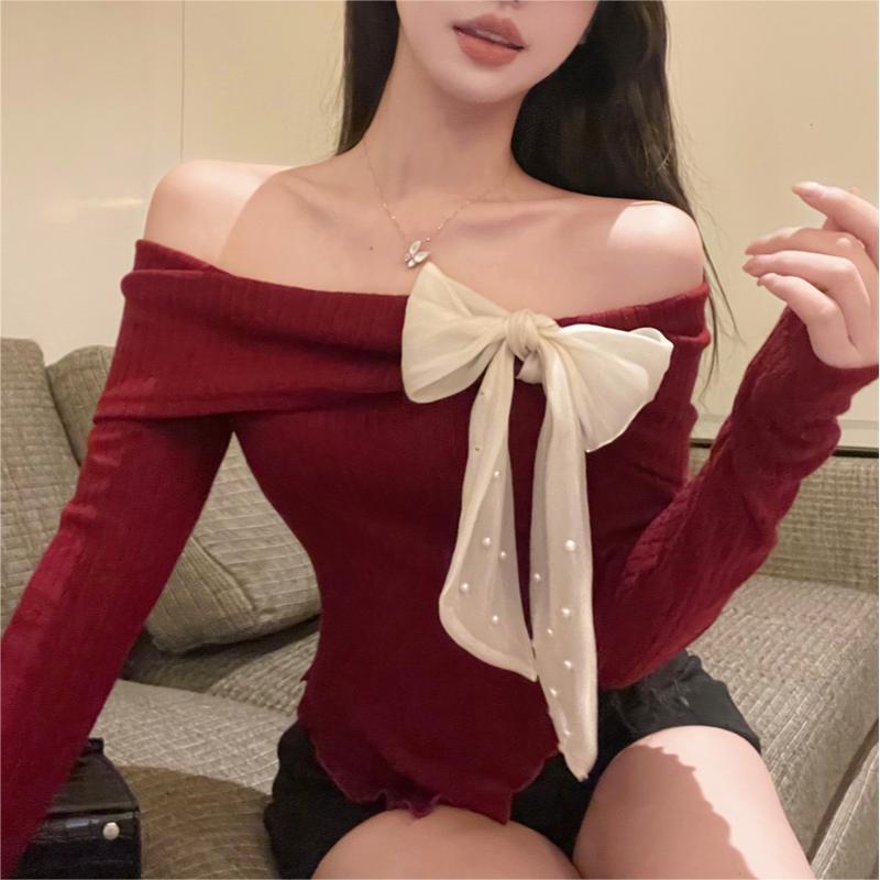 Aiertu outfit Spring off-Shoulder Big Bow off-Shoulder Long Sleeve T-shirt Women's Sweater Top Bottoming Sweater aiertu