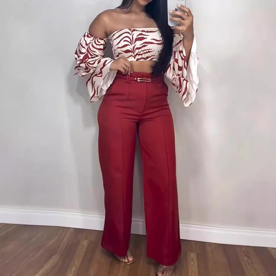 Aiertu style Women's Suit Autumn off-the-Shoulder Solid Color Trousers Two-Piece Set aiertu