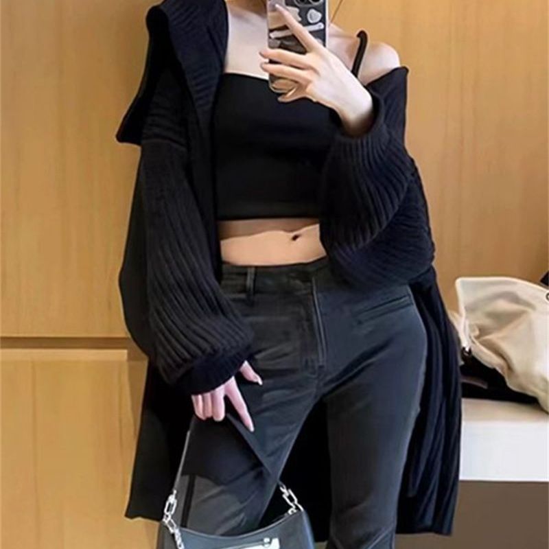 Aiertu grunge outfits New Black Turtleneck Sweater Coat Female Niche Early Autumn Lazy Wind Loose Outer Wear Knitted Cardigan aiertu