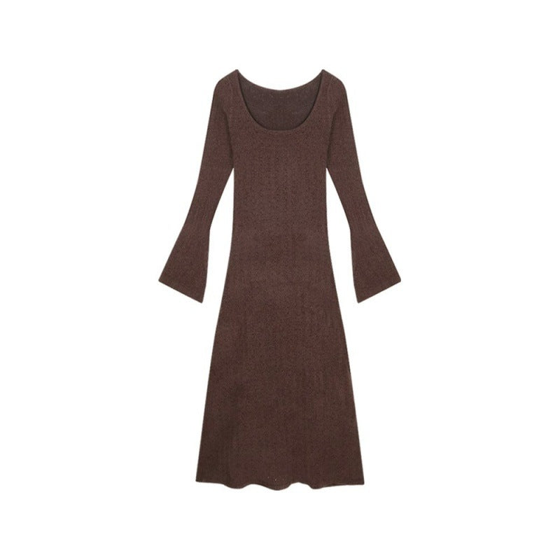 Aiertu fashion outfits Early Autumn Brown Long-Sleeved Knitted Dress Women's Slim-Fit Draping Tight Waist A- line Midi Dress Retro Elegant Skirt aiertu