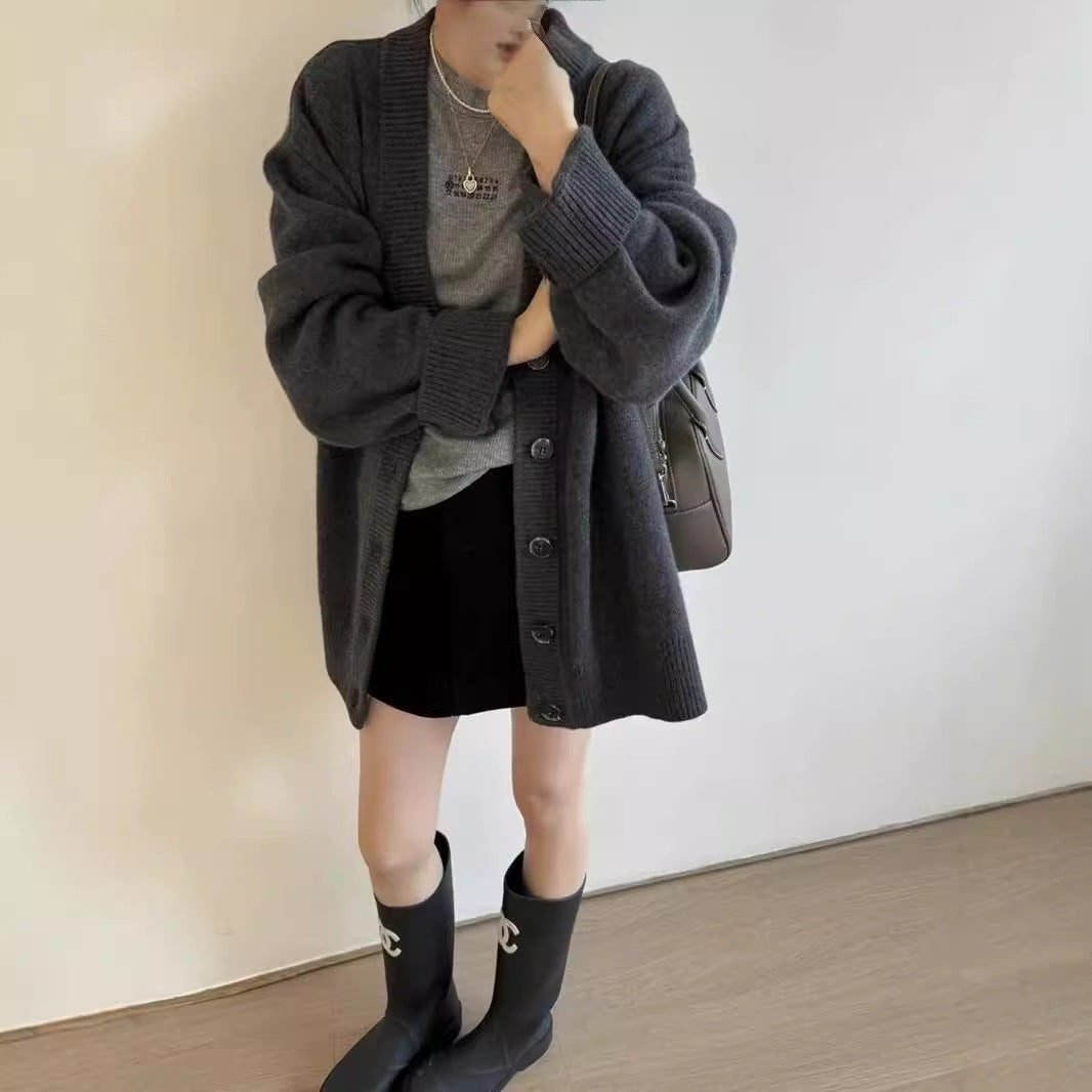Aiertu joker costume female outfit Korean Style Loose Lazy Style Thickened Mid-Length Cashmere Cardigan Women's Autumn and Winter plus Size V-neck Pure Wool Knitted Coat aiertu