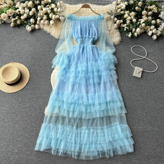 Aiertu summer outfits inspo French Style High-Grade Ruffled Mesh Cake Dress Women's Waist Slimming Temperament off-Shoulder Super Fairy Long Skirt aiertu