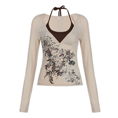 Aiertu fashion outfits American Retro Printed Halter Fake Two-Piece T-shirt Autumn Slim Fit Slimming Hot Girl V-neck Contrast Color Long Sleeve Top aiertu