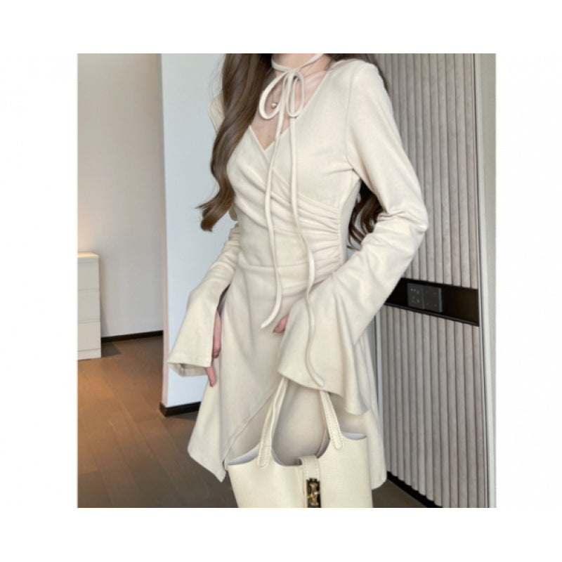 Aiertu supernatural dress to impress V-neck Long Sleeve Dress Women's Autumn Small Waist Slimming Pleated Irregular Lace-up Skirt aiertu