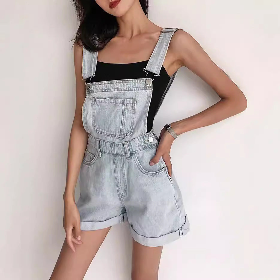 Aiertu Summer Korean Style Student Denim Suspender Pants Women's Preppy Style Wide Leg Shorts Loose Curling Denim Tide aiertu
