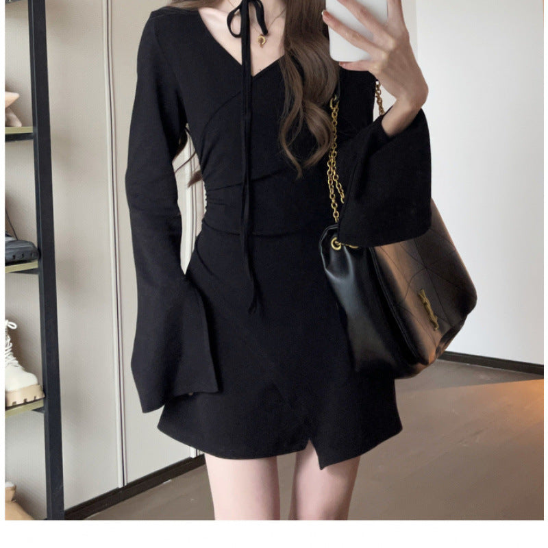 Aiertu supernatural dress to impress V-neck Long Sleeve Dress Women's Autumn Small Waist Slimming Pleated Irregular Lace-up Skirt aiertu