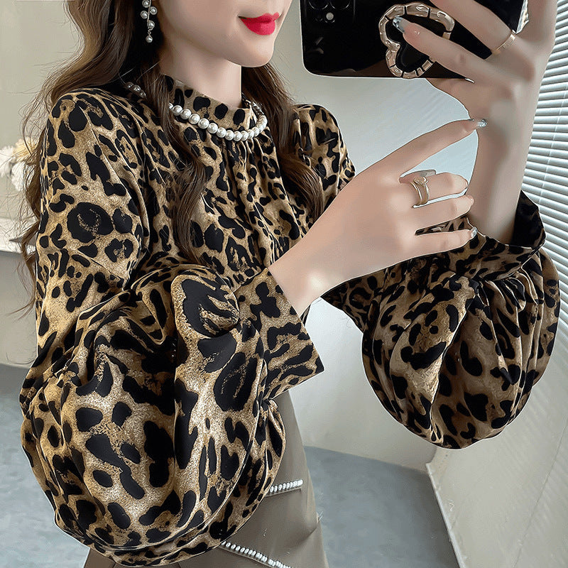 Aiertu business casual outfits Leopard Print Fashion Top Independent Lantern Sleeve Loose Temperament Shirt for Women aiertu
