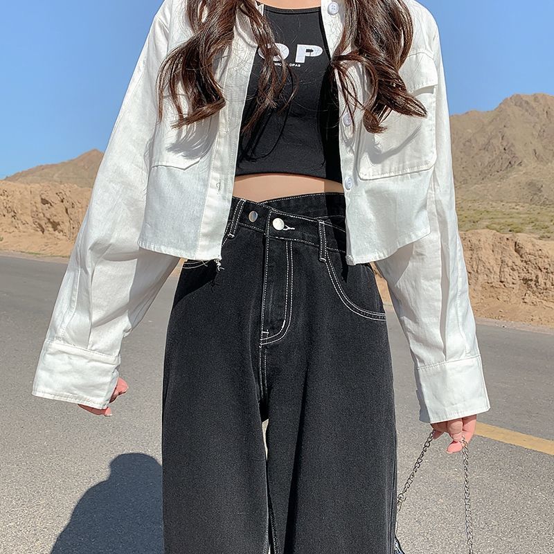 Aiertu casual fall outfits Black Jeans Women's Straight Loose Spring and Autumn Slimming Mop High Waist Wide Leg Pants aiertu