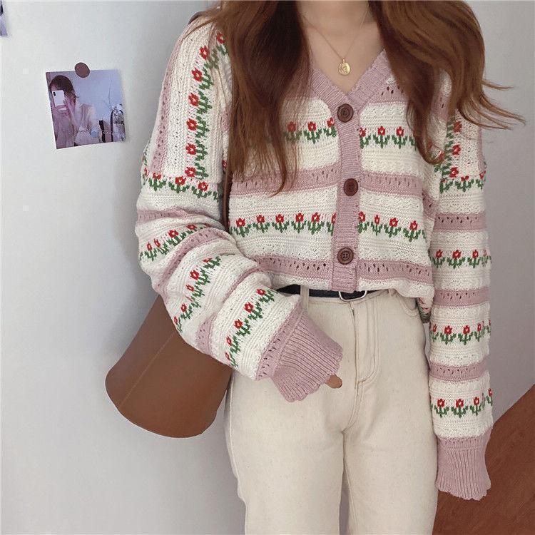 Aiertu teacher outfits Korean Style Retro Hollow Flower Jacquard Sweater Women's Knitted Cardigan New Autumn Knitted Long Sleeve Cardigan Coat Fashion aiertu