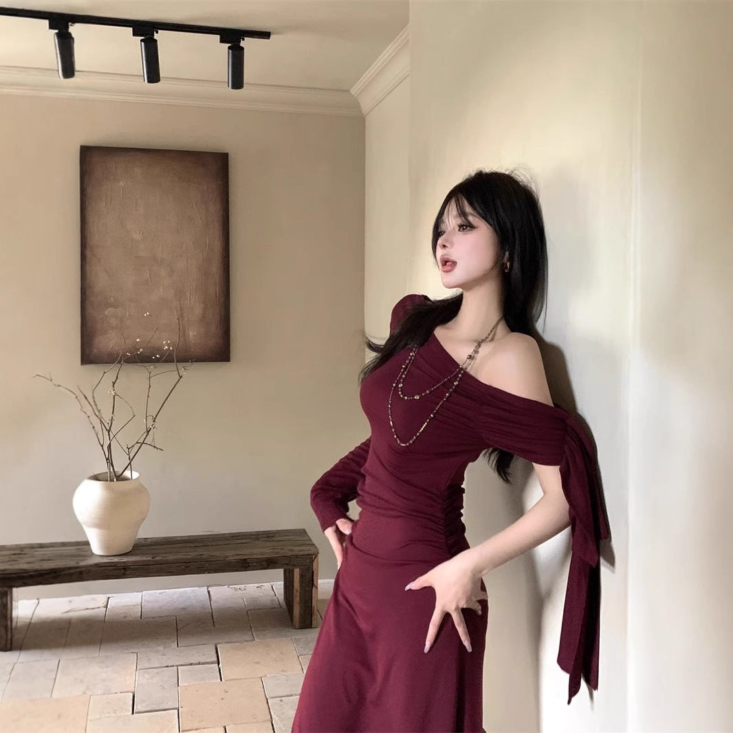 Aiertu fall outfits Wine Red Ribbon Shoulder Long Sleeve Dress Women's Autumn Slim Irregular Skirt Tight Waist Sheath Dress aiertu