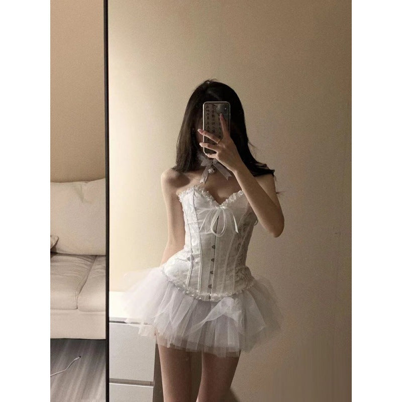 Aiertu dress Sweet Cool Hot Girl Fishbone Floral Camisole Women's Summer Suit Mesh Skirt Fluffy Skirt aiertu