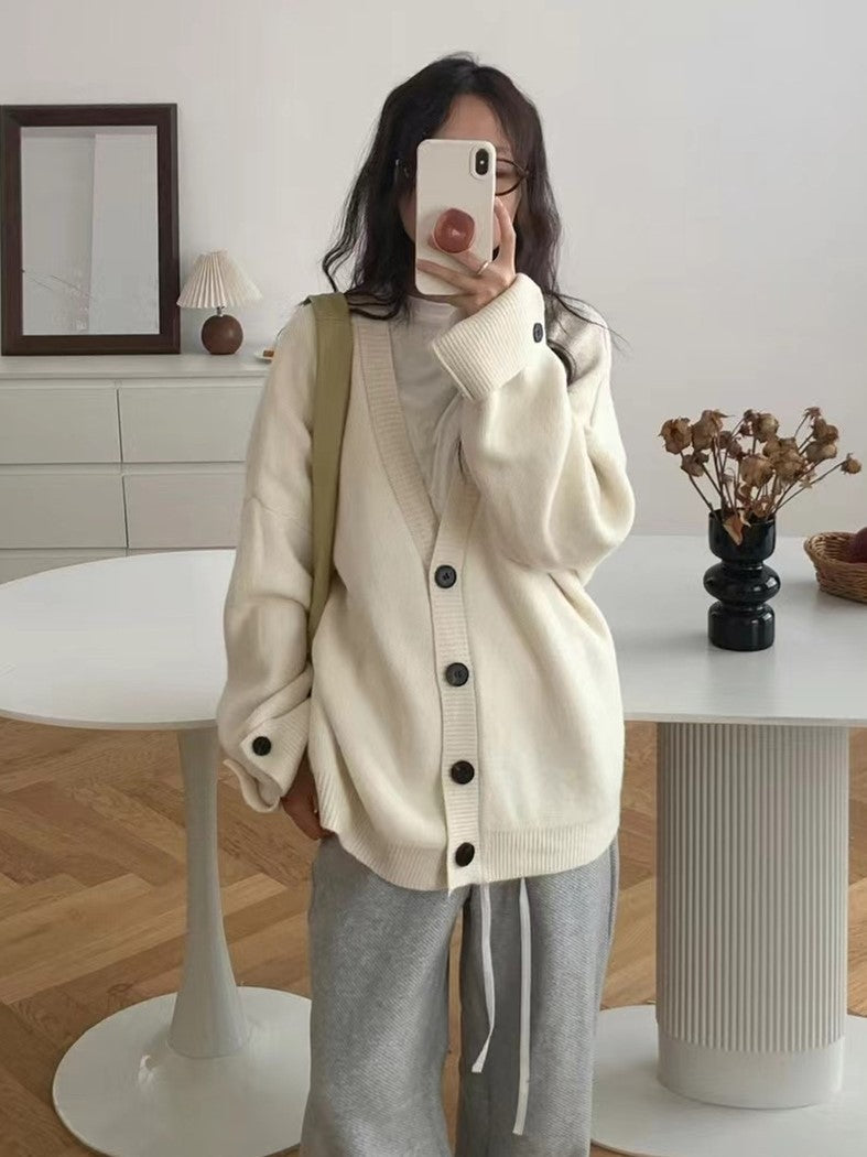 Aiertu joker costume female outfit Lazy Style V-neck Soft Glutinous Sweater Coat Women's Autumn and Winter Loose Large Casual Knitted Cardigan Top aiertu