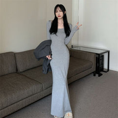 Aiertu fashion outfits Fall Hot Girl Elegant Long Sleeve Dress Women's Brown Bottoming Dress Slim Fishtail Solid Color Skirt aiertu
