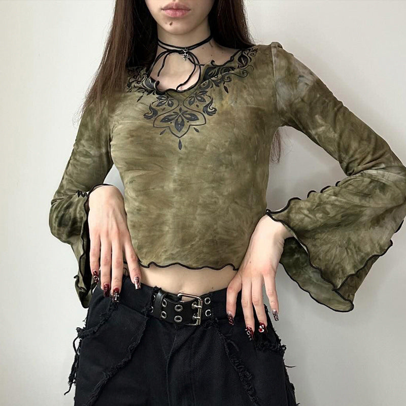Aiertu concert outfit Mori Vintage Tie-Dyed Tribal Print Curling Bell Sleeve Short Top Niche V-neck Slim-Fit Navel Slimming Long Sleeve aiertu