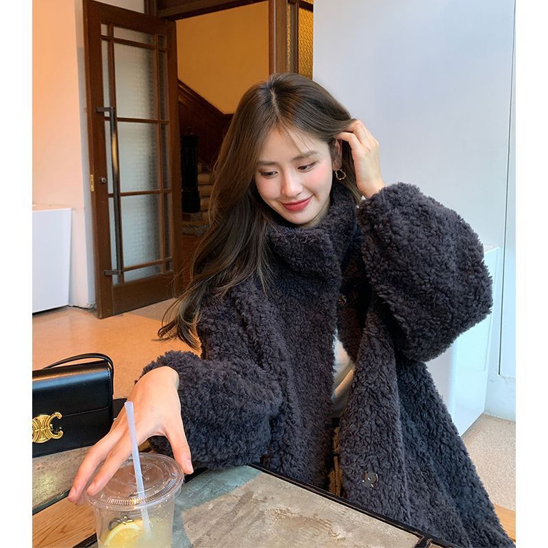 Aiertu simple winter outfits Maillard Small Teddy Wool Stand Collar Coat Long Cashmere Lamb Fur Coat Thickened Loose aiertu
