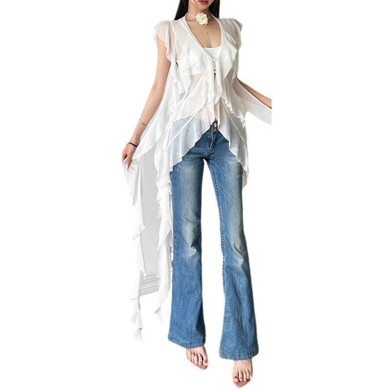 Aiertu concert outfit Style Summer New Women's Sexy Slimming Wavy Mesh Transparent Irregular Vest aiertu