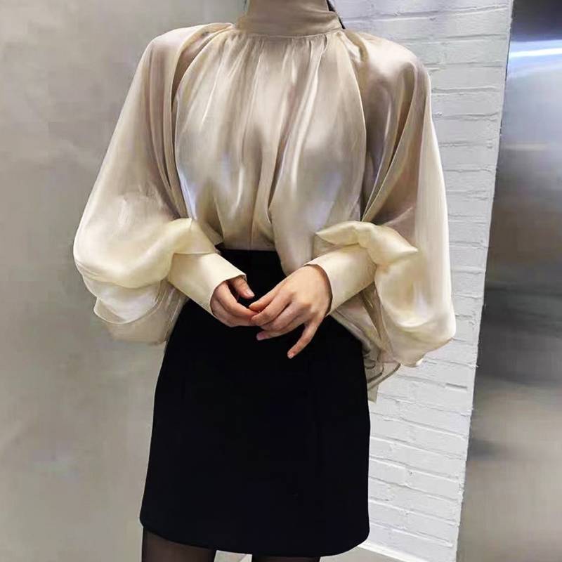 Aiertu business casual outfits Spring NEW High Collar Back Lace-up Elegant Socialite Exaggerated Lantern Sleeve Shirt Loose Shirt aiertu