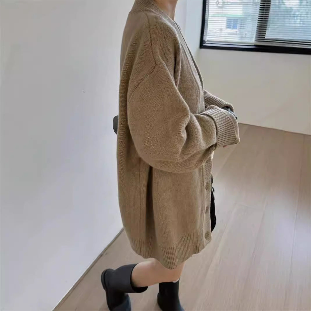 Aiertu joker costume female outfit Korean Style Loose Lazy Style Thickened Mid-Length Cashmere Cardigan Women's Autumn and Winter plus Size V-neck Pure Wool Knitted Coat aiertu