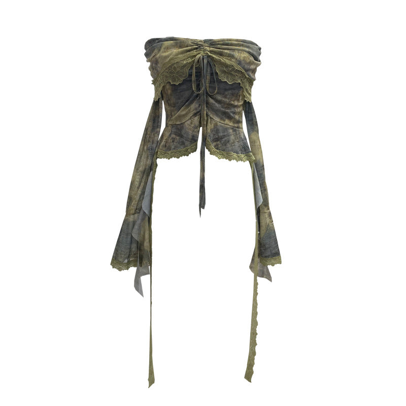 Aiertu trashy outfits Niche Vintage Green off-Shoulder Bell Sleeve Top Blooming Mesh Lace Drawstring Short T-shirt aiertu