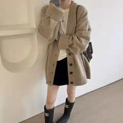 Aiertu joker costume female outfit Korean Style Loose Lazy Style Thickened Mid-Length Cashmere Cardigan Women's Autumn and Winter plus Size V-neck Pure Wool Knitted Coat aiertu