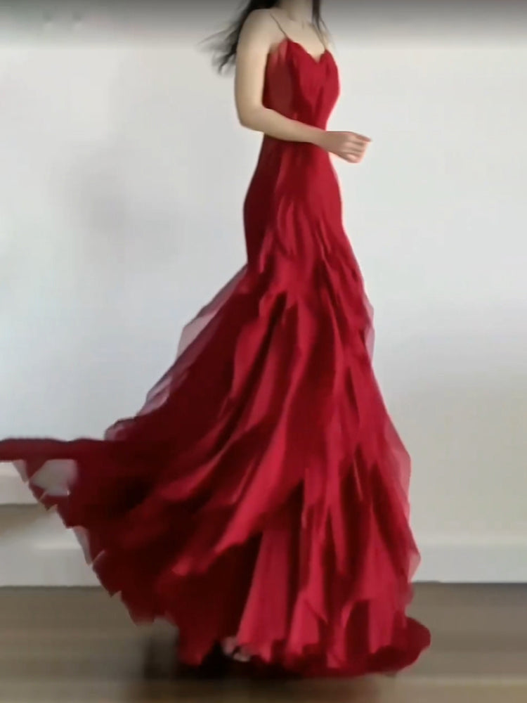 Aiertu - Sexy Mermaid Spaghetti Straps Red Chiffon Ruffles Birthday Dresses Long Prom Dress HOT1160 Aiertu