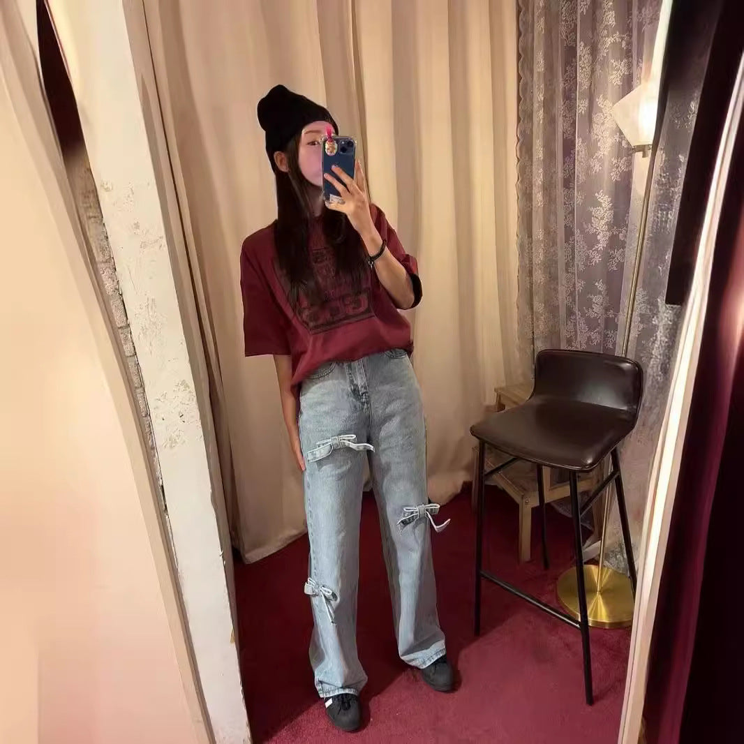 Aiertu y2k outfits Spring New Three-Dimensional Bow Worn Washed Loose Straight High Waist Jeans for Women aiertu