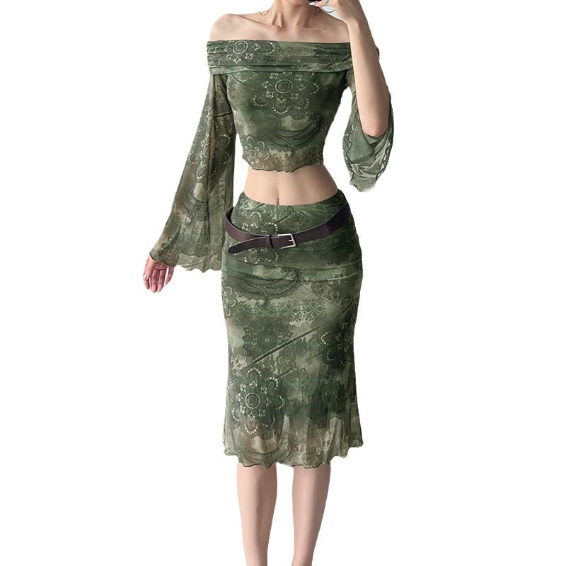 Aiertu concert outfit Mori Vintage Printed Mesh Suit Sexy off-Shoulder Bell Sleeve Top Slim Low Waist Skirt Two-Piece Set aiertu