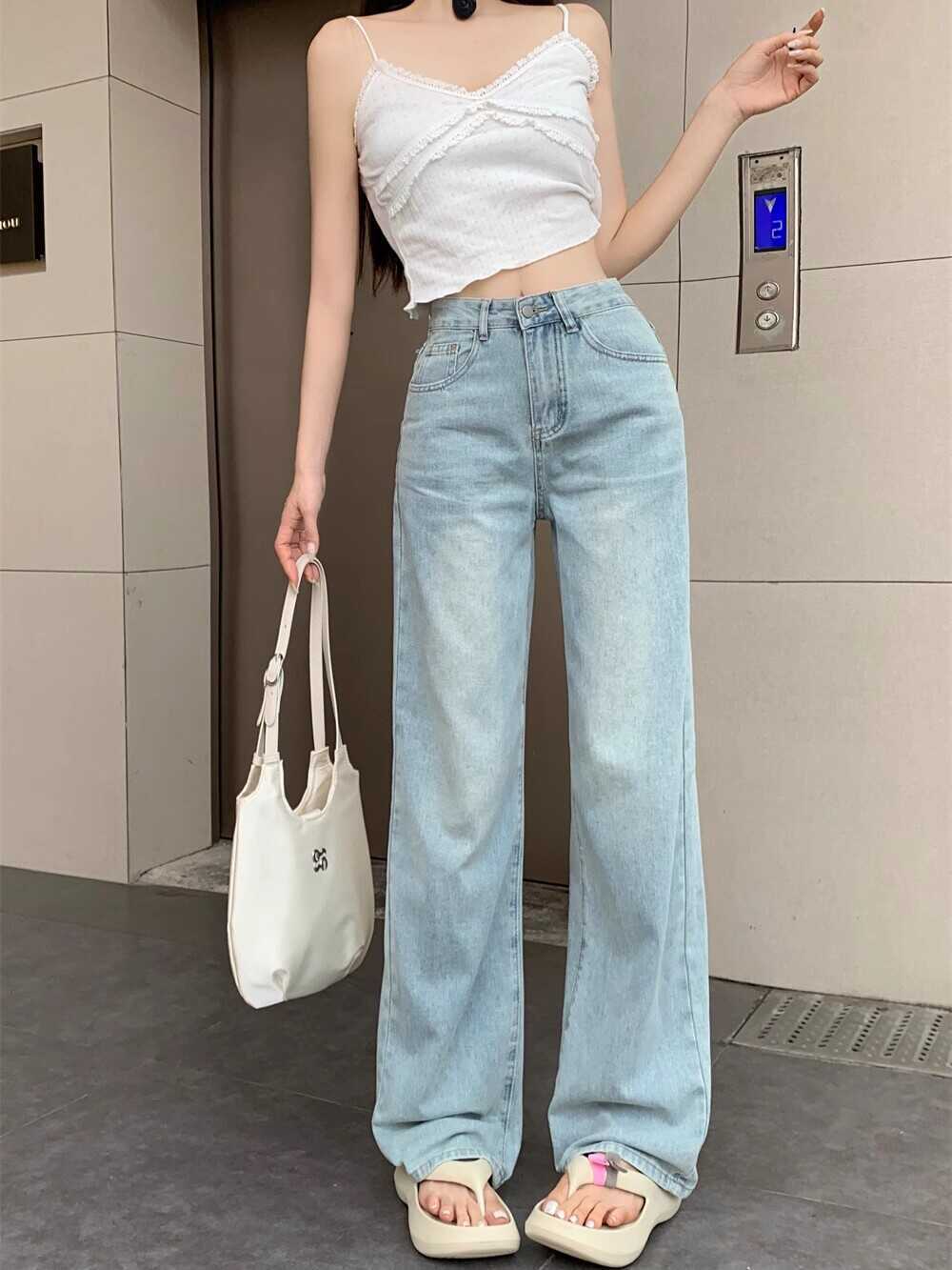 Aiertu fashion outfits Women's Embroidered High Waist Straight Jeans with Bowknot Autumn and Winter Loose Slimming Casual Wide Leg Mopping Pants aiertu
