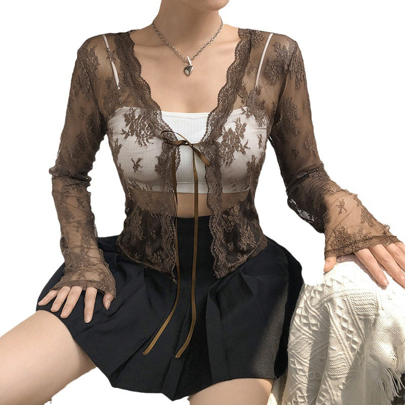Aiertu trashy outfits Style Women's Clothing Summer New Fashion Hot Girl Sexy Mesh Lace Cardigan T-shirt for Women aiertu