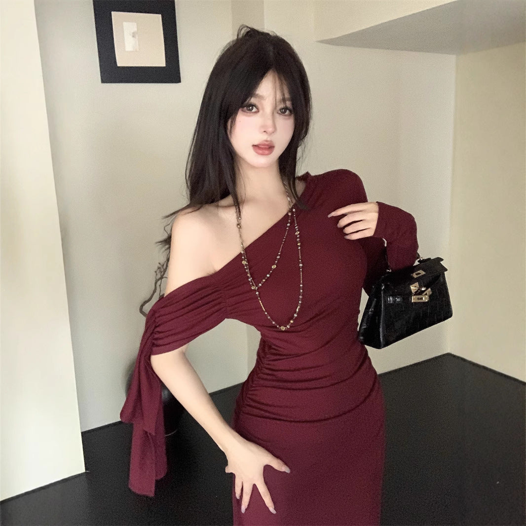Aiertu fall outfits Wine Red Ribbon Shoulder Long Sleeve Dress Women's Autumn Slim Irregular Skirt Tight Waist Sheath Dress aiertu