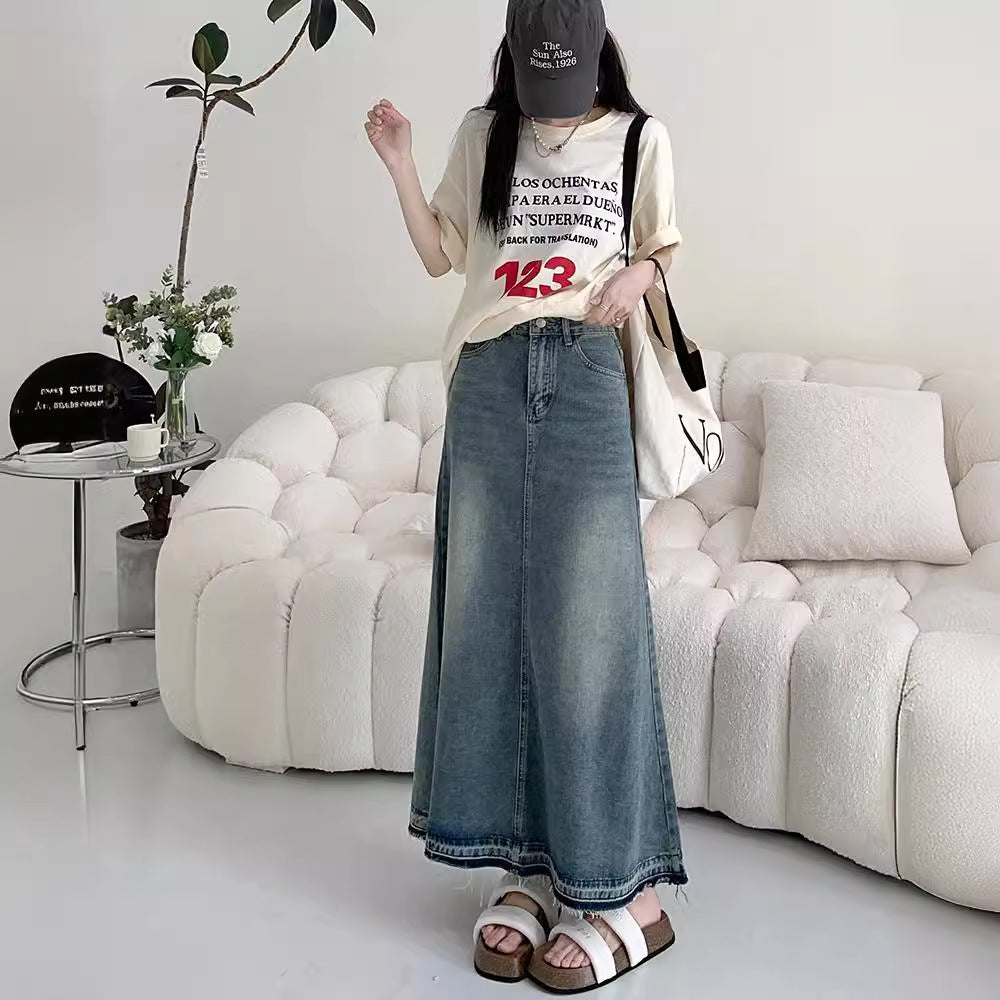 Aiertu 90s fashion Autumn New Women's Retro Frayed Denim Skirt High Waist Slimming A- line Large Swing Dress Sexy aiertu