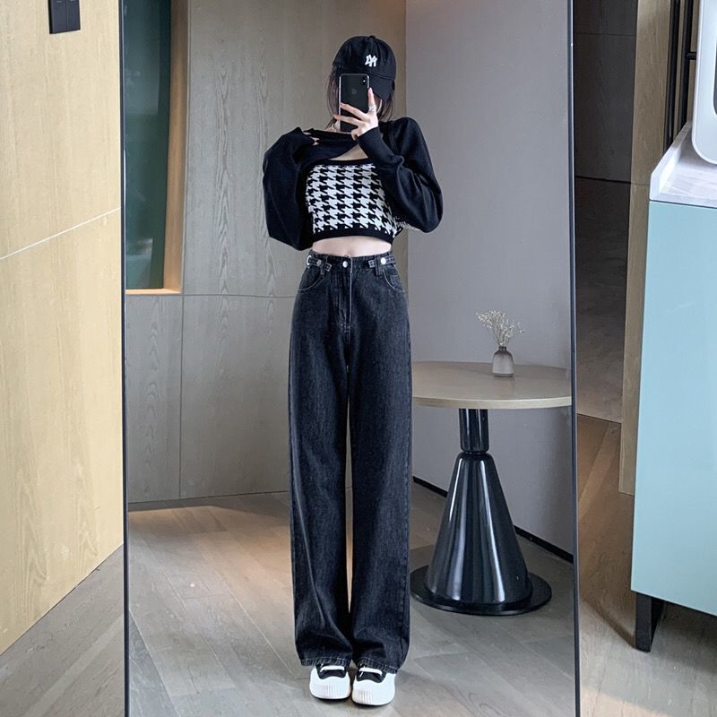 Aiertu casual fall outfits High Waist Wide Leg Jeans for Women Spring and Autumn Slimming Draping Loose Straight Lengthened Mopping Pants aiertu