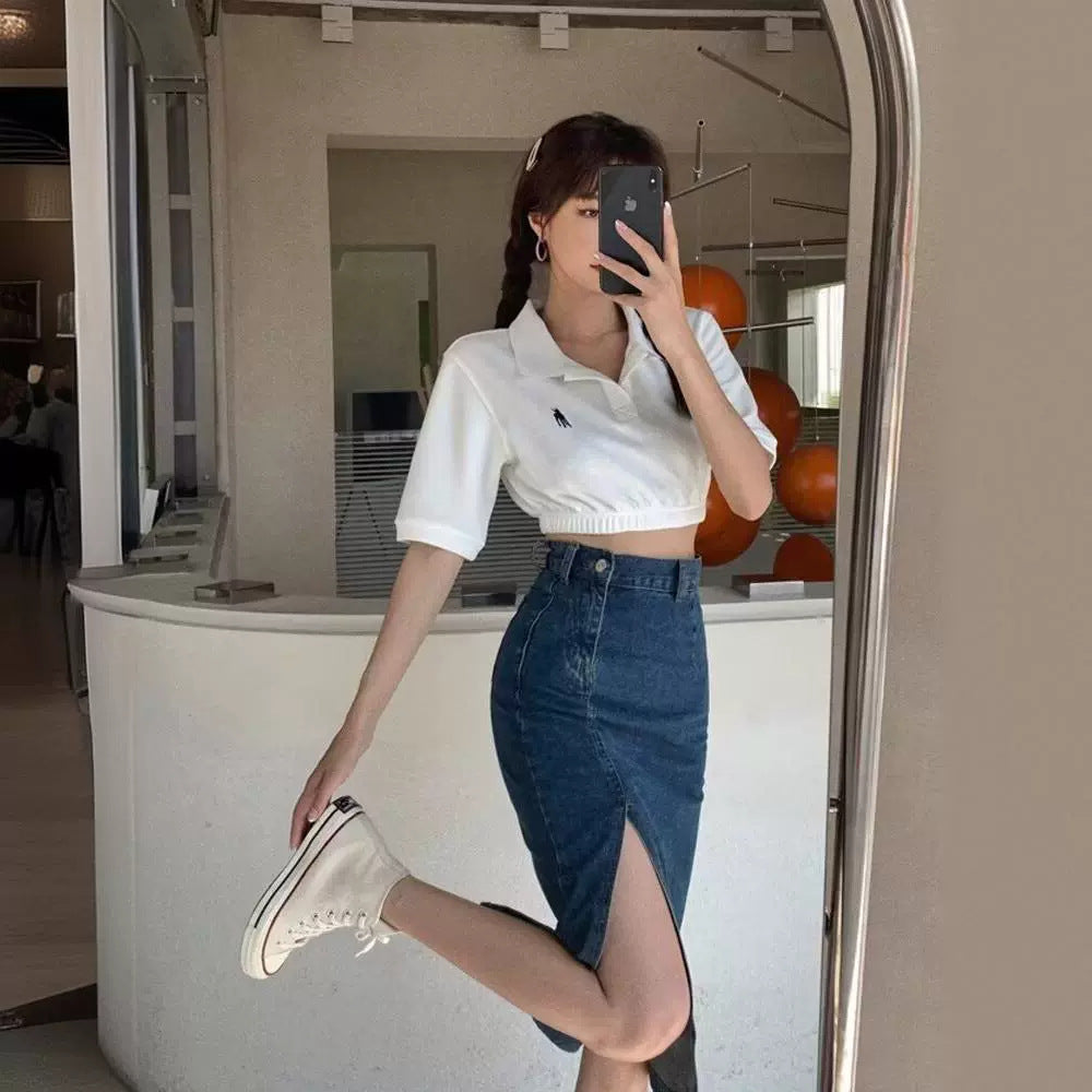 Aiertu guys in skirts Denim Skirt Women's Fashionable Slim-Fit One-Step Hip Skirt Split Mid-Length High Waist plus Size Long Skirt aiertu