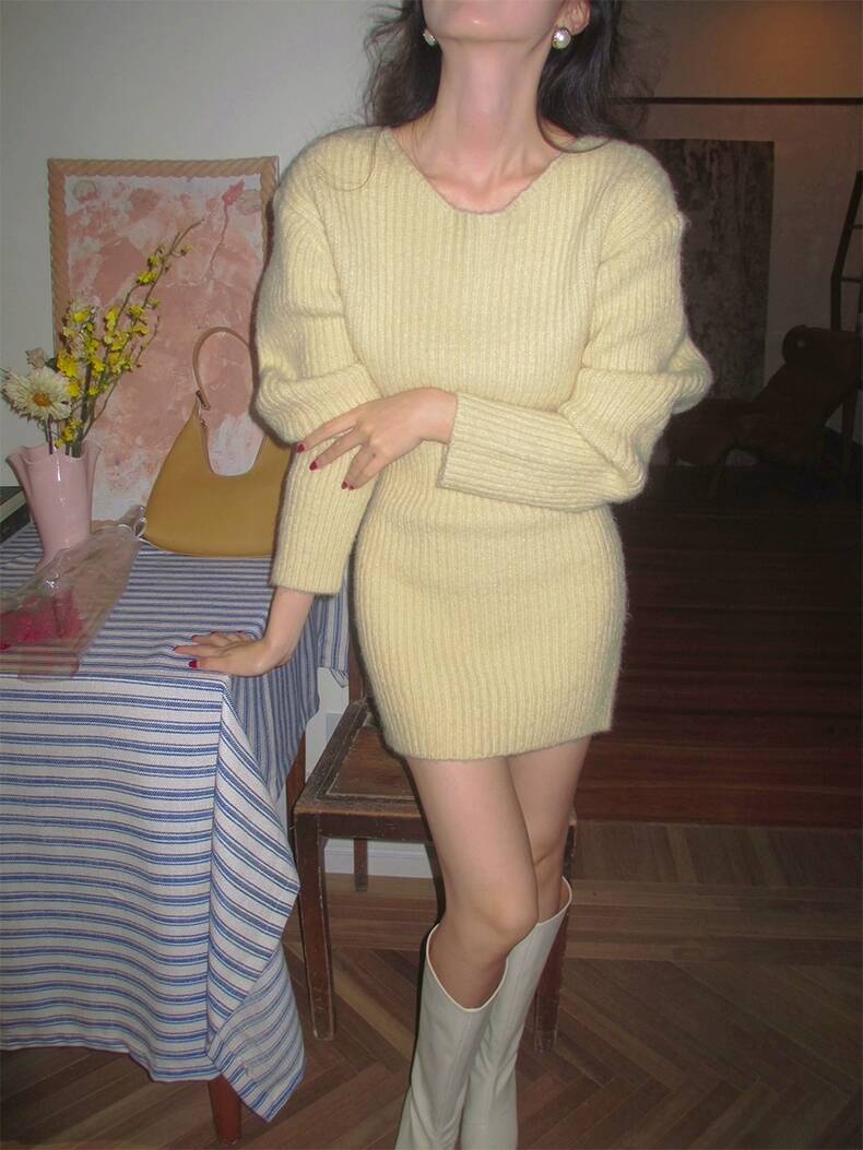 Aiertu outfits Korean Style Thick Wool Knitted Skirt Dress Women's Autumn and Winter French Temperament Slim Skirt Sweater aiertu