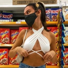 Aiertu curvy casual outfits INS Style Summer Women's Cross Halter Hollow Strap Navel T-shirt aiertu