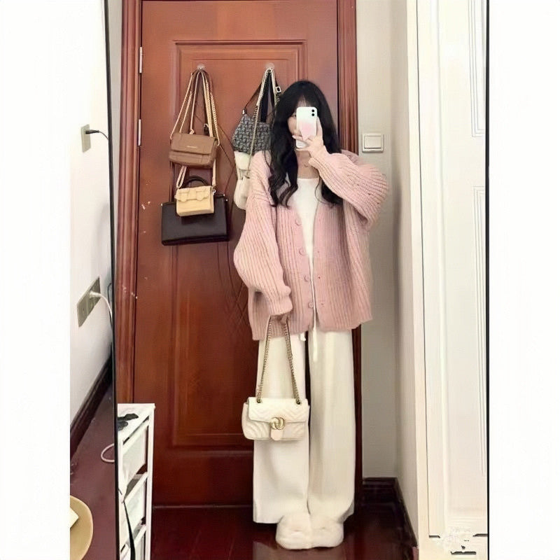 Aiertu fall outfits women Autumn and Winter Small Wear Creamy-white Lazy Style Sweater Wide Leg Pants High-Grade Three-Piece Suit aiertu