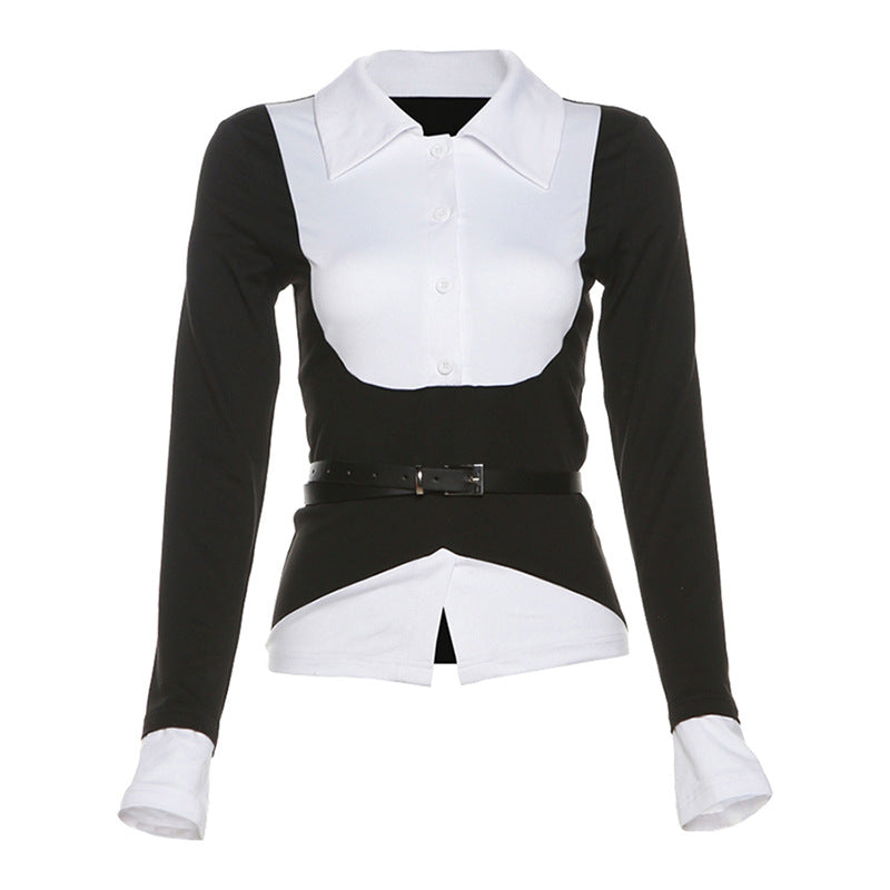 Aiertu y2k outfits Style Autumn Women's Solid Color Slim-Fit Street Fashion Lapel Long Sleeve Fake Two-Piece Top aiertu