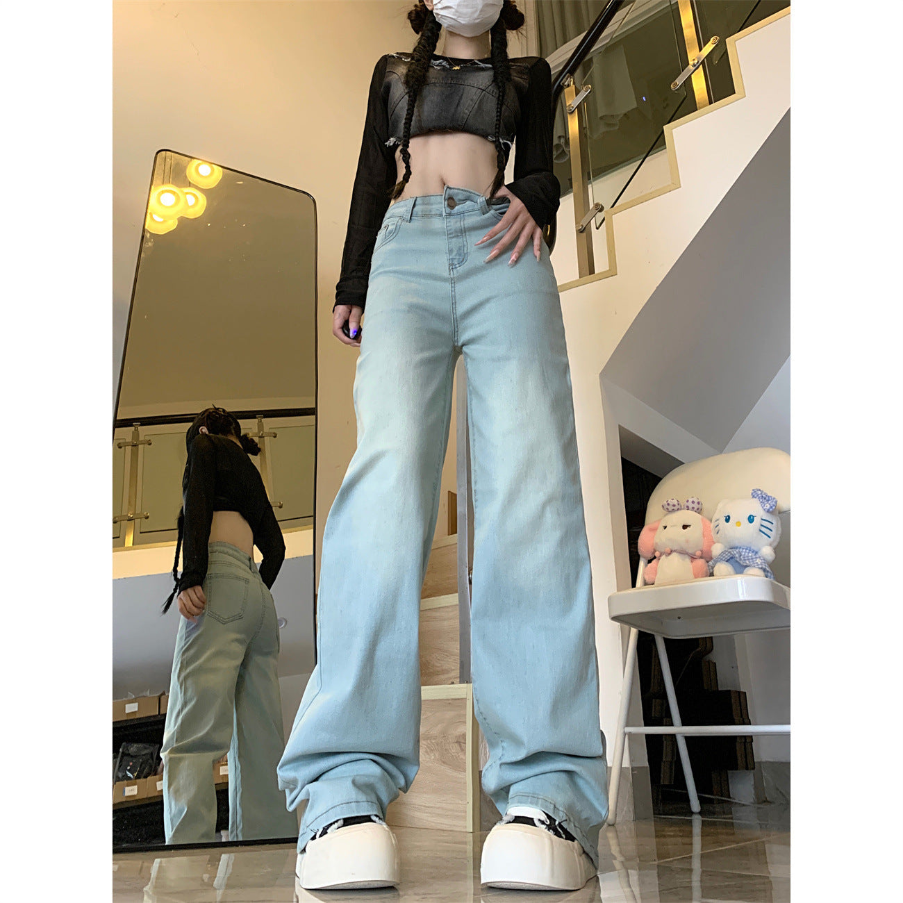 Aiertu Stretch High Street Nostalgic Light-Colored High Waist Jeans Women's Straight Mop Drape Small Narrow Wide Leg aiertu
