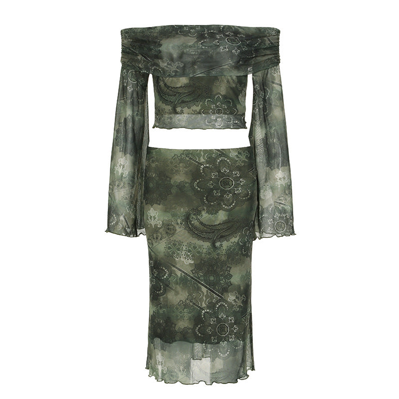 Aiertu concert outfit Mori Vintage Printed Mesh Suit Sexy off-Shoulder Bell Sleeve Top Slim Low Waist Skirt Two-Piece Set aiertu