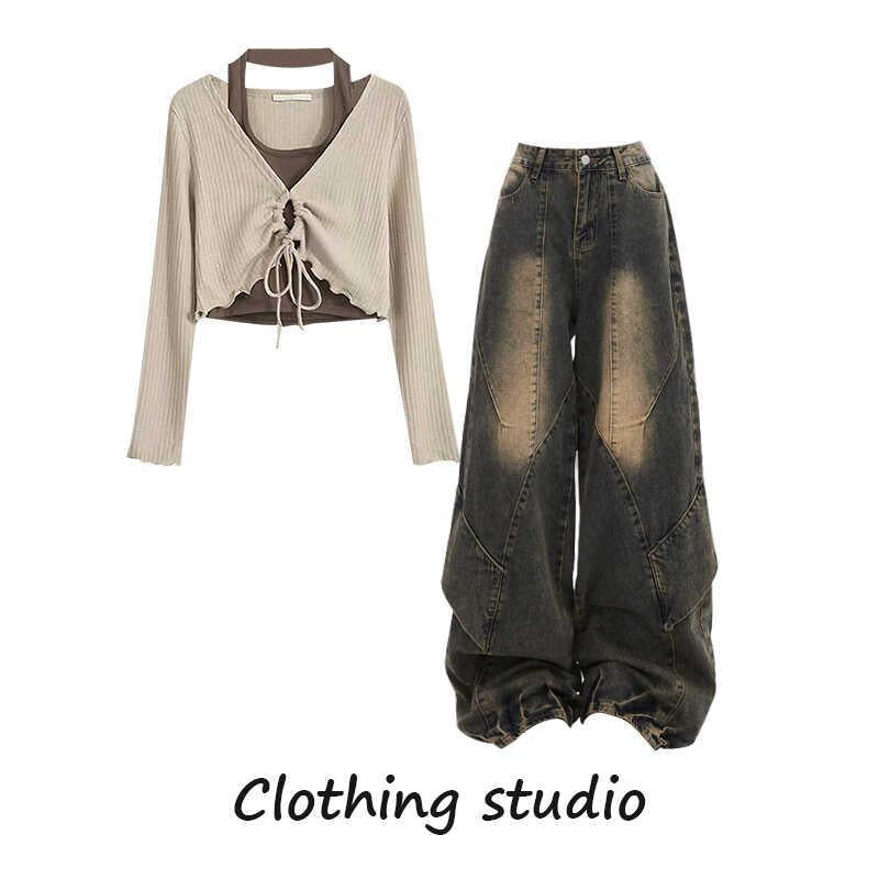 Aiertu shamar Retro Hong Kong Style Wear a Whole Suit Two-Piece Halter Top with Casual Jeans Two-Piece Set aiertu