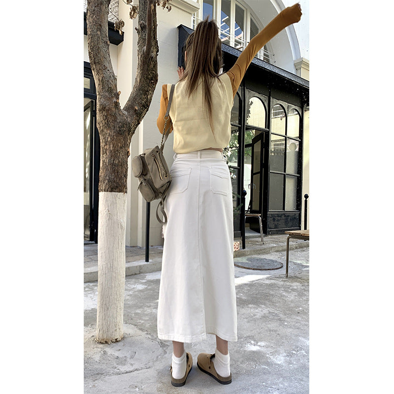 Aiertu outfit Creamy-white Front Slit Denim Skirt Women's Early Spring High Waist Loose A- line Mid-Length Hip Skirt aiertu