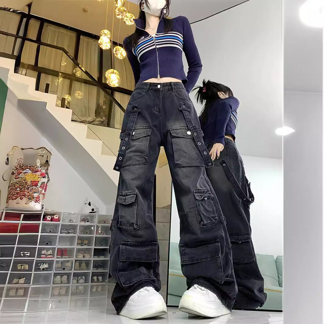Aiertu fashion outfits Multi-Pocket Workwear Jeans Wide Leg Loose Niche Washed Distressed Pants aiertu