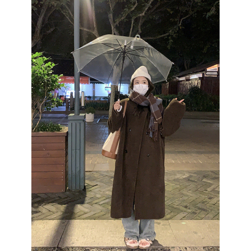 Aiertu cold weather outfits Winter Lamb Wool Long Coat Coat Women's Loose round Neck Thickened Double Breasted Korean Style Warm Fur Integrated aiertu