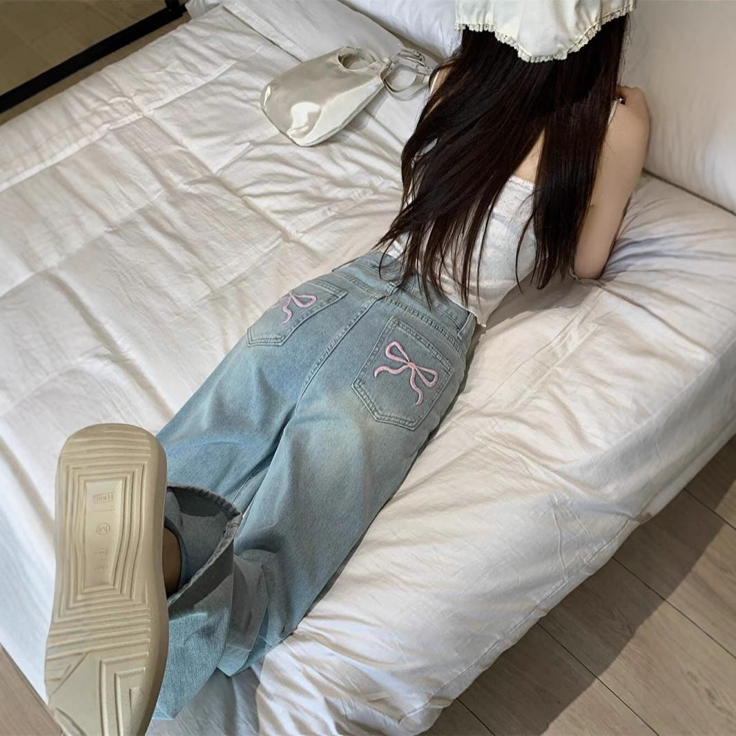 Aiertu fashion outfits Women's Embroidered High Waist Straight Jeans with Bowknot Autumn and Winter Loose Slimming Casual Wide Leg Mopping Pants aiertu